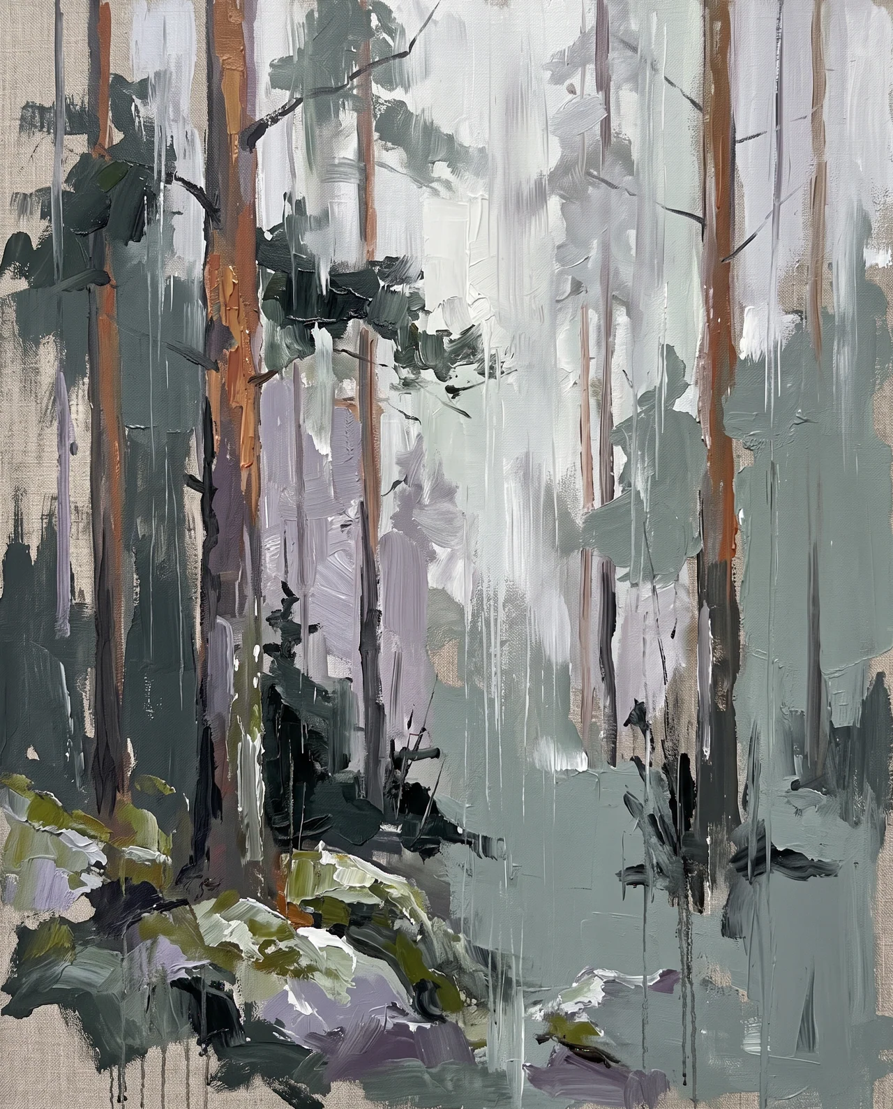 Tallskog, regn, 2025. Olja på duk.