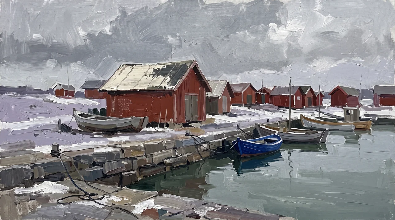 Hamnen i januari, 2022. Olja på duk.